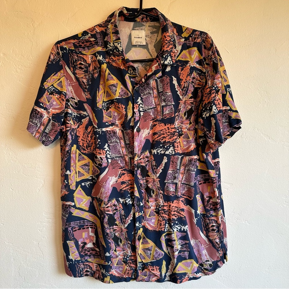 Pull&Bear Navy Geometric Print Short Sleeve Button-Down Shirt
